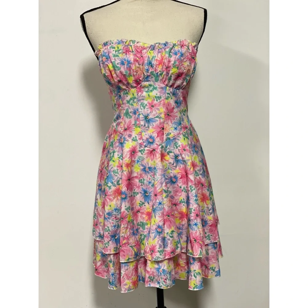 Shein Strapless Floral Mini Dress Pink Size L - Picture 6 of 13